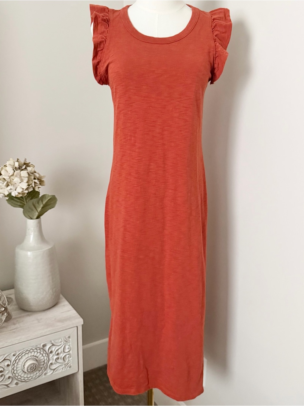 Rust Flutter-Sleeve Midi Dress